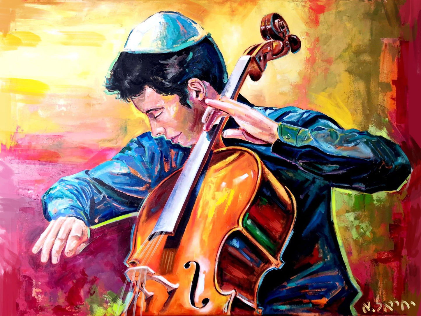 Tableau d'art juif Le violoncelliste songeur-Originaux Yehiel Attias
