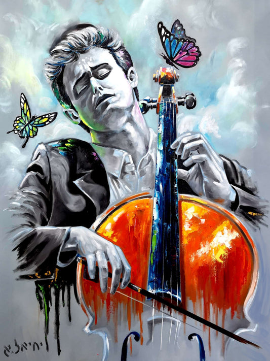 Tableau d'art juif Le violoncelliste virevoltant-Originaux Yehiel Attias