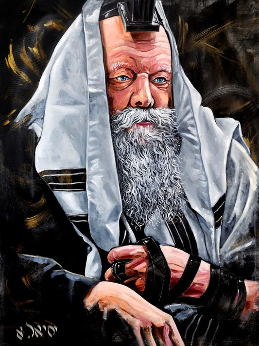 Tableau d'art juif Le rabbi et ses tefilines-Originaux Yehiel Attias