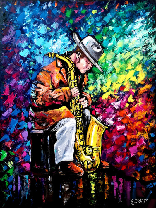 Tableau d'art juif Le penseur saxophoniste-Originaux Yehiel Attias